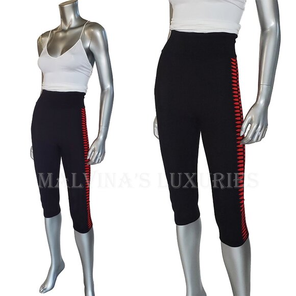 ALEXANDER MCQUEEN CROPPED LEGGINGS BLACK w RED SIDE DETAIL